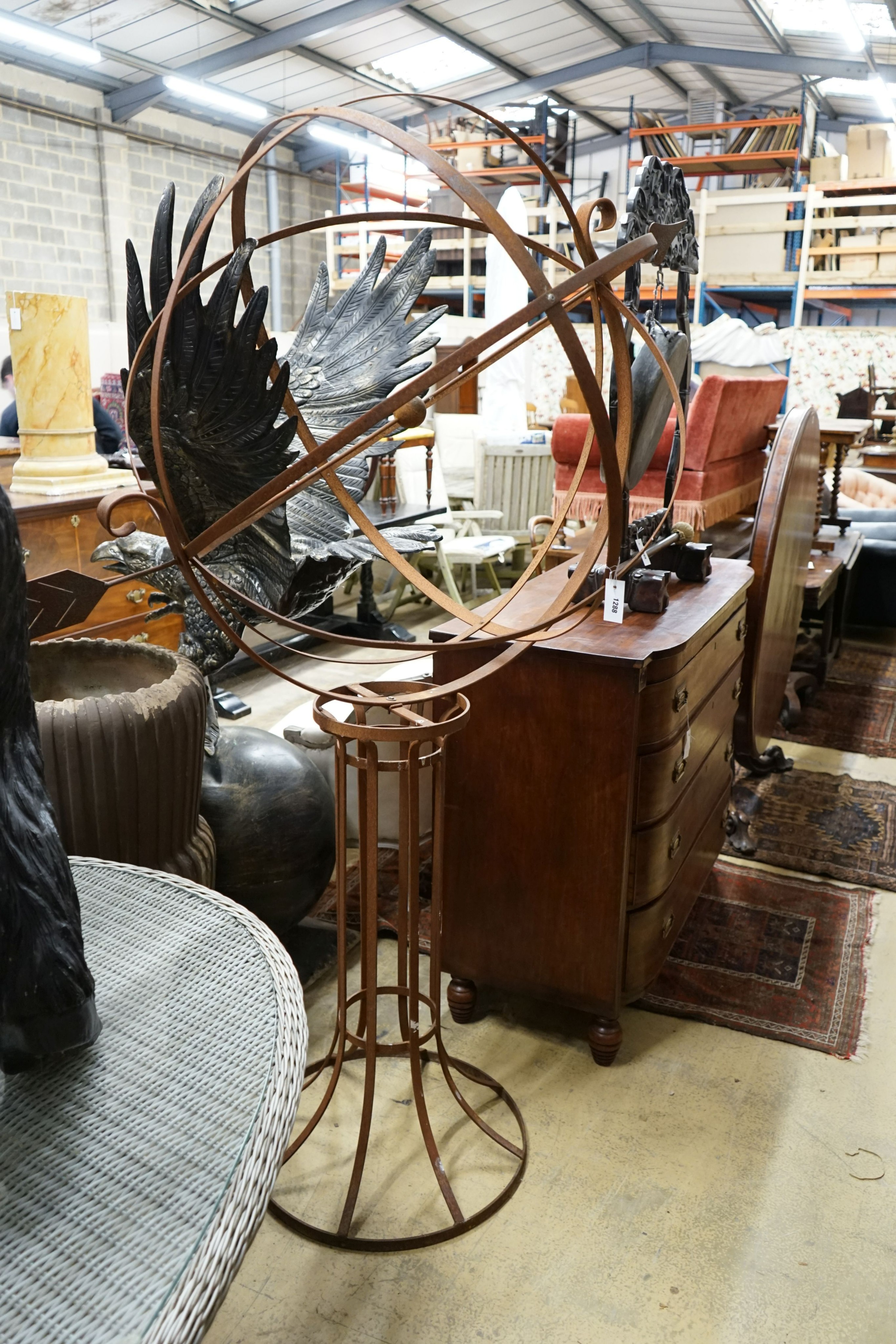 A wrought iron armillary sphere on stand, height 244cm